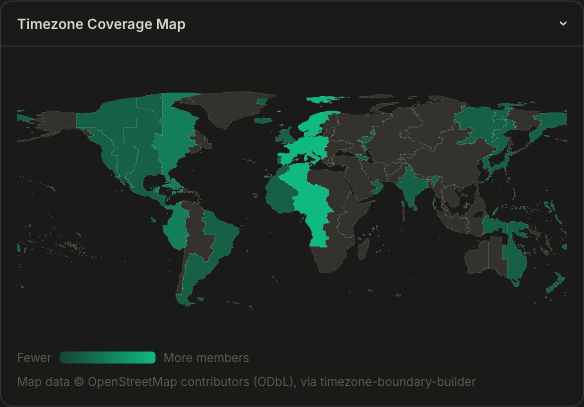FactionOps timezone coverage map: world map of UTC-offset bands heat-colored by member count